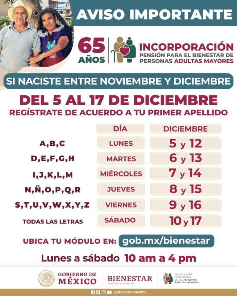 SINDICATURA EL CARRIZO, ESTARÁ N UBICADOS FRENTE A SINDICATURA VIEJA, Del 5 al 17 de diciembre, registro a Pensión para el Bienestar de Personas Adultas Mayores en el país.
